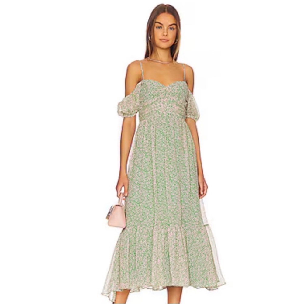 Bardot Fauna Midi Floral Green Off-Shoulder Dress